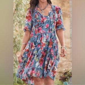 Sundance Annabelle Dress Floral Cotton Short Sleeve Tiered Ruffle -Blue - Sz S